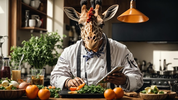 A chef giraffe using a tablet to follow online cooking tutorials while preparing a gourmet meal