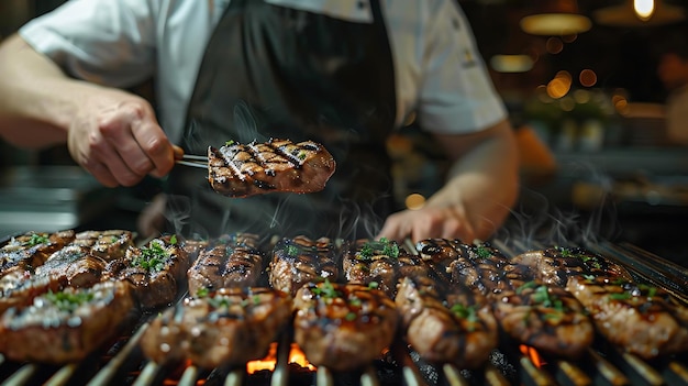 Chef Grilling Delicious Steaks on a Hot Grill Photo