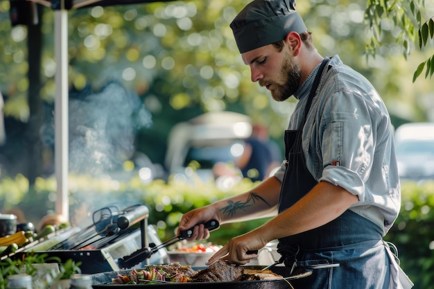 Photo chef grilling meat and vegetables outdoors at a culinary event in a park during summer