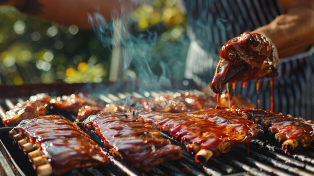 Chef grilling ribs and chicken basting with barbecue sauce in a summer outdoor setting