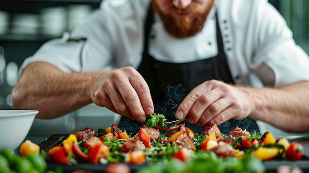 Photo chef grilling vegetables in a highend restaurant kitchen hd background