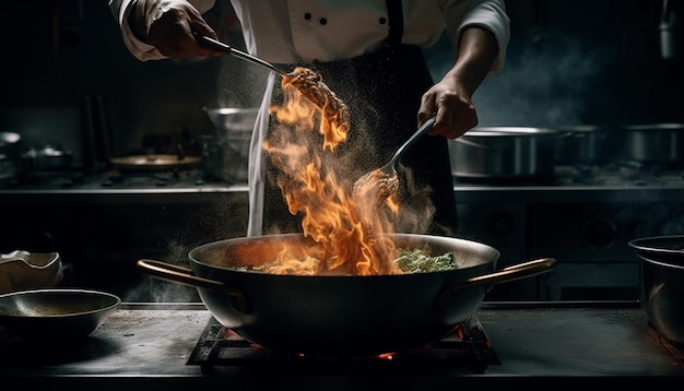 Chef grills meat on stove for lunch generated by AI