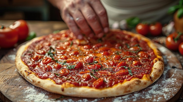 Photo chef hand is spreading pasteurized tomato paste onto a pizza base