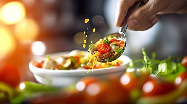 chef hand mixing salad with vegetables in bowl