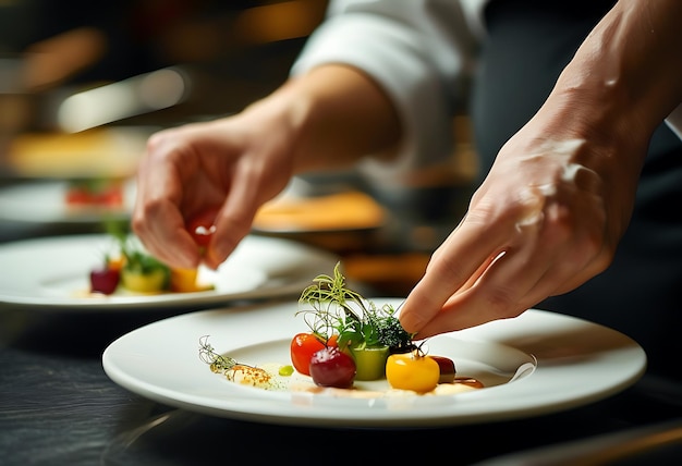 Photo chef hands adding finishing touches to a gourmet dish in a professional kitchen