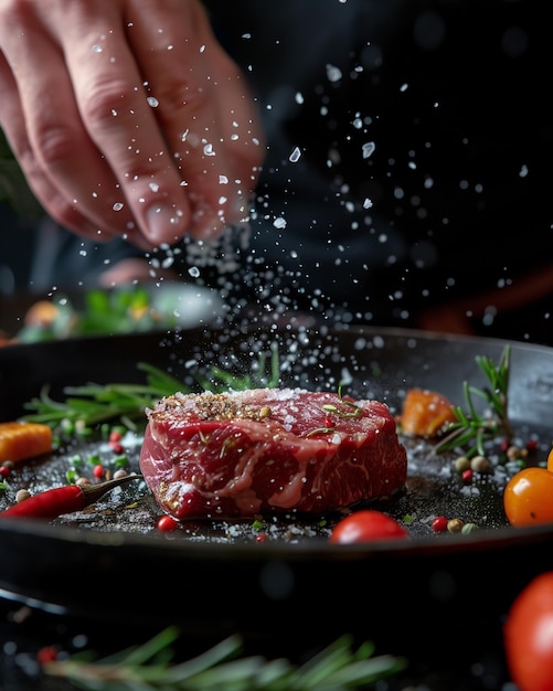 Photo chef hands cooking meat steak and adding seasoning