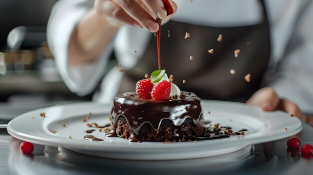 Photo a chef hands orchestrate a chocolate fondant