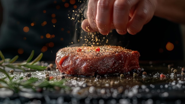 Photo a chef hands spicing up a steak close up