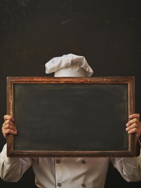 Photo chef holding blank chalkboard ready for custom message against dark background in professional