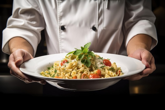 Chef holding enticing pasta salad that is ready to be served