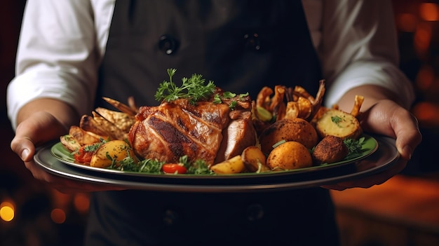 A chef holding a plate of food with a plate of meat and vegetables