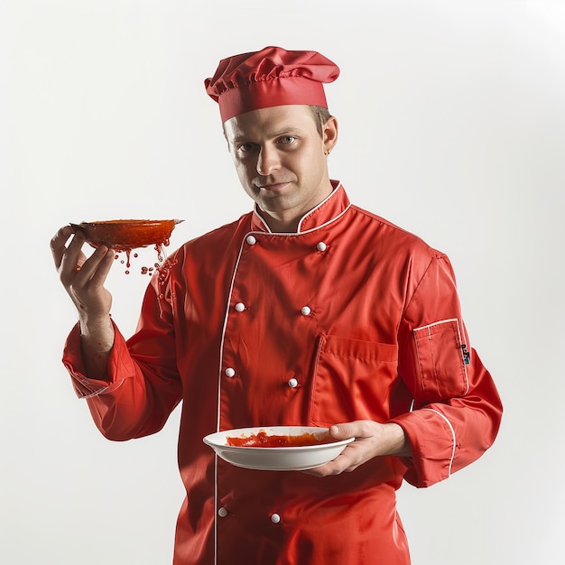 a chef holding a plate of food with a red apron on it