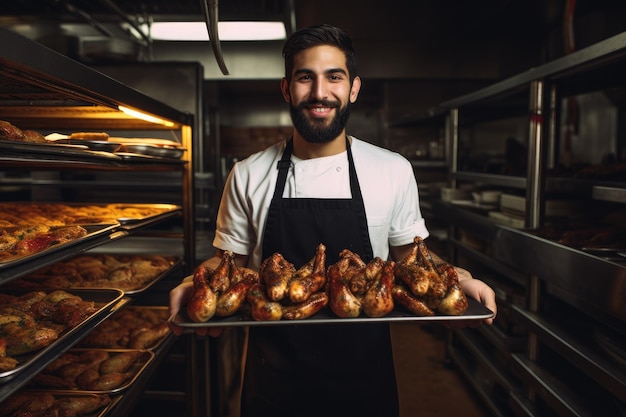 Chef holding a tray full of vegetables inside a kitchen