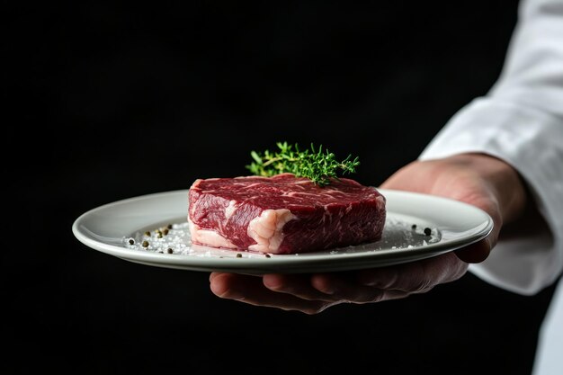 Photo a chef holds a beautifully presented raw steak on a white plate the image conveys culinary artistry and the joy of fresh ingredients it is perfect for food lovers generative ai