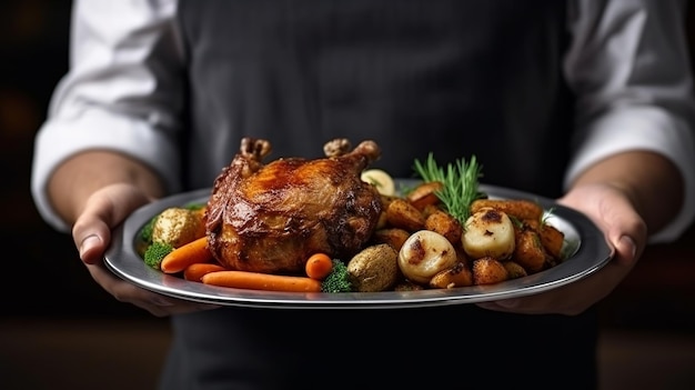 A chef holds a plate of food with a roast chicken on it.