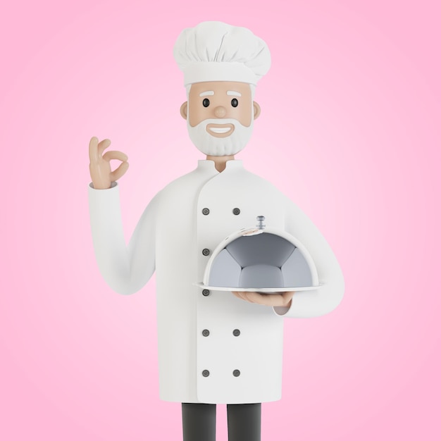 The chef holds a silver food tray and makes the perfect dish gesture 3D illustration in cartoon style