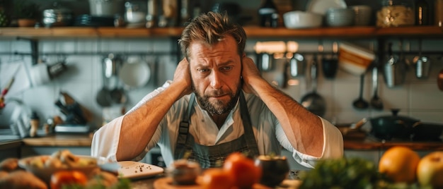 Chef at home frustrated while trying new recipe kitchen counter filled with ingredients