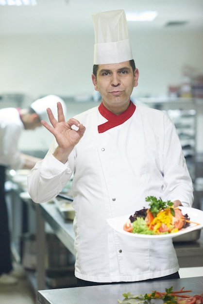 chef in hotel kitchen preparing and decorating food, delicious vegetables and meat  meal dinner