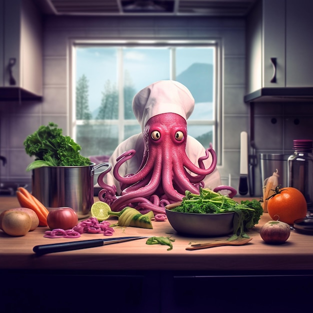 Chef_in_kitchen_cooking_front_view_funny_pink_octopus