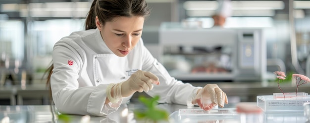 Photo chef inspecting 3d printed meat alternative in high tech food lab