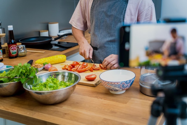 The chef is broadcasting live from workshop how to prepare a spicy glass noodle salad