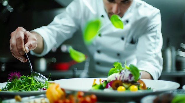 A chef is carefully plating a salad with fresh greens and colorful vegetables He is focused on his