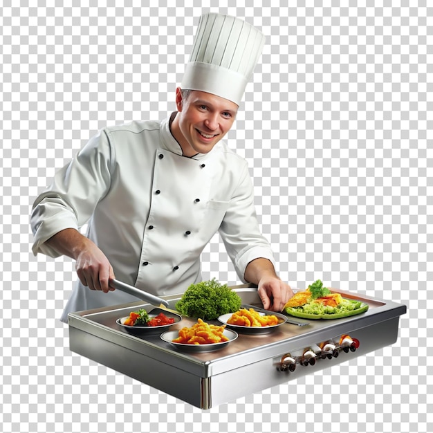 A chef is cooking food on a grill with a variety of vegetables and meats being prepared on transparent background