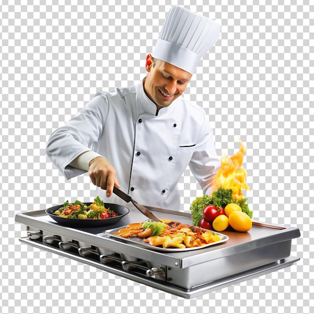 A chef is cooking food on a grill with a variety of vegetables and meats being prepared on transparent background