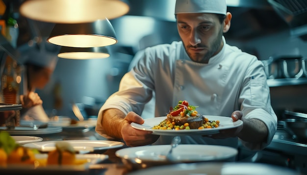 A chef is cooking food in a kitchen with a lot of pots and pans