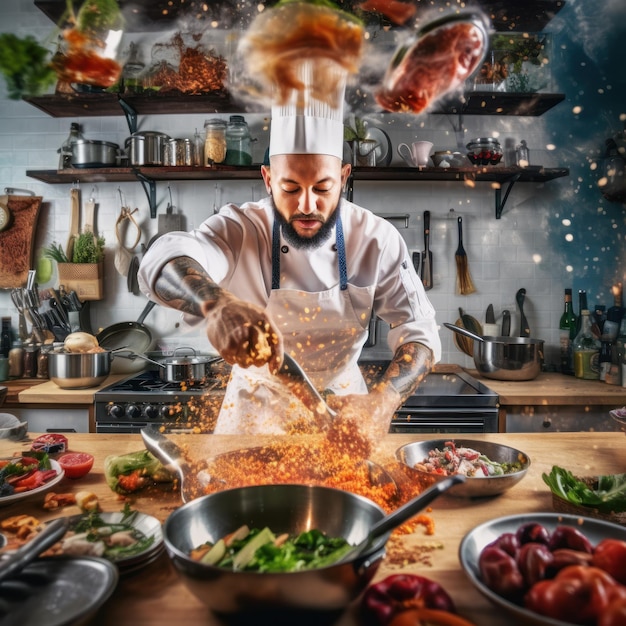 A chef is cooking in a kitchen with a large bowl of food on the table.