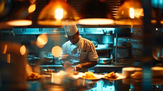 Photo a chef is cooking in a kitchen with a lot of food