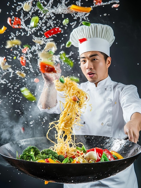 A chef is cooking noodles in a wok with a lot of vegetables