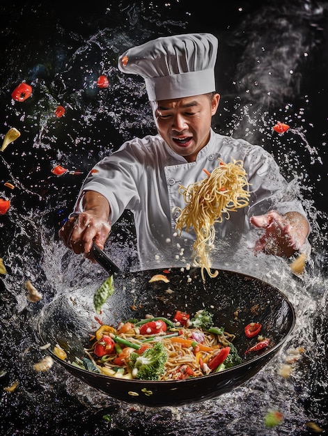 A chef is cooking noodles in a wok with a lot of vegetables