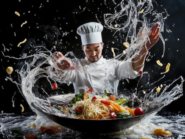 A chef is cooking noodles in a wok with a lot of vegetables