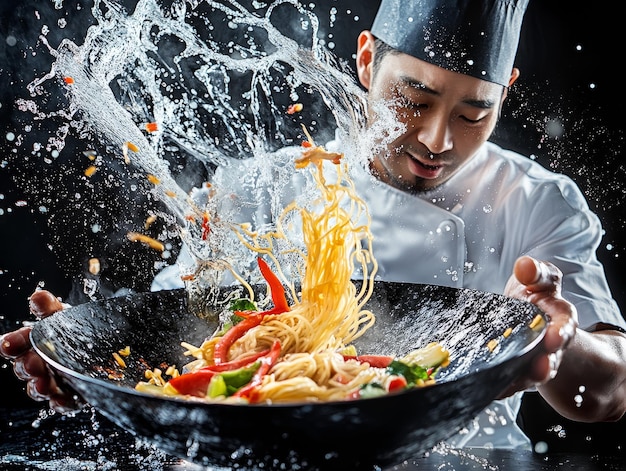 A chef is cooking noodles in a wok with a lot of vegetables