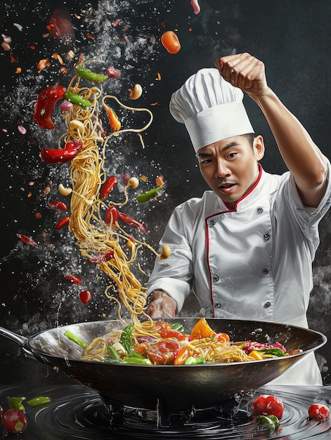 A chef is cooking noodles in a wok with a lot of vegetables