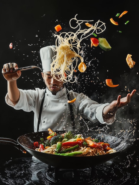 Photo a chef is cooking noodles in a wok with a lot of vegetables