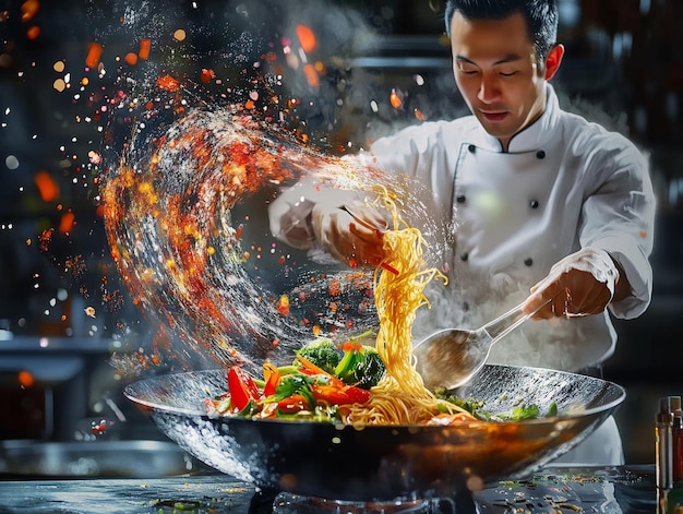 A chef is cooking noodles in a wok with a lot of vegetables