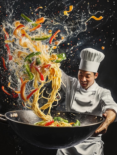 A chef is cooking noodles in a wok with a lot of vegetables