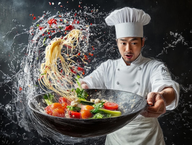 A chef is cooking noodles in a wok with a lot of vegetables