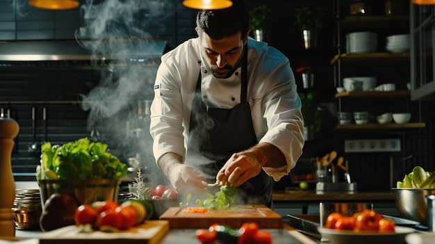 a chef is cooking vegetables in a kitchen with a pot of vegetables