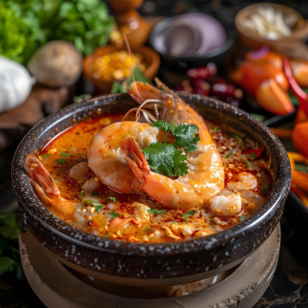 The chef is cookingvisually captivating showcase of a meticulously crafted Tom Yum Goong large shrimp dish