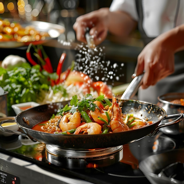 The chef is cookingvisually captivating showcase of a meticulously crafted Tom Yum Goong large shrimp dish