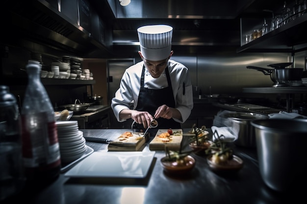 A chef is cutting food in a kitchen with a bottle of water on the table.