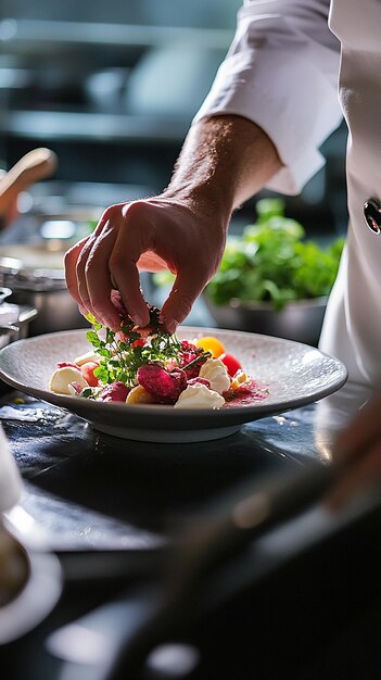 a chef is cutting a fruit salad with a logo on the front