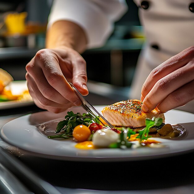 Photo a chef is cutting a piece of food with a knife