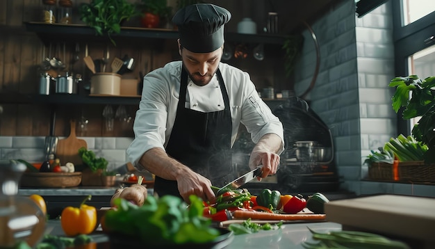 A chef is cutting vegetables in a kitchen