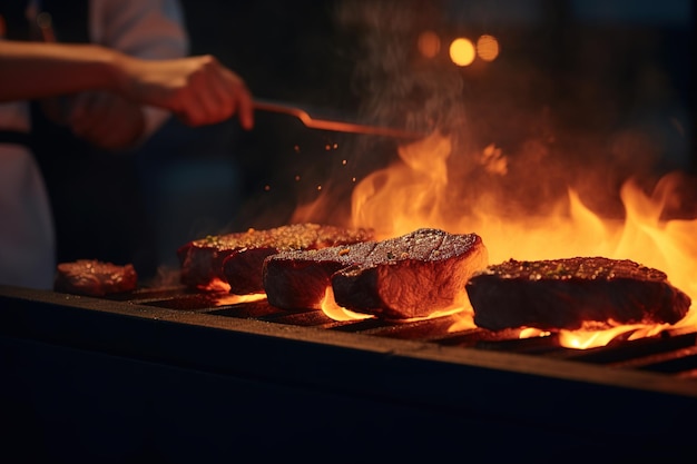 Chef is grilling a thick two steaks on fire Generative AI