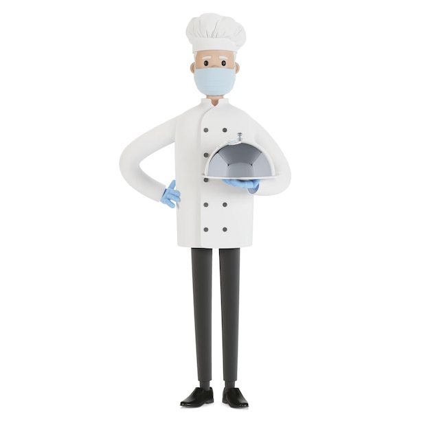 The chef is holding a silver food tray. 3D illustration in cartoon style.