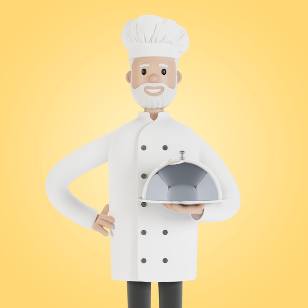 The chef is holding a silver food tray 3D illustration in cartoon style